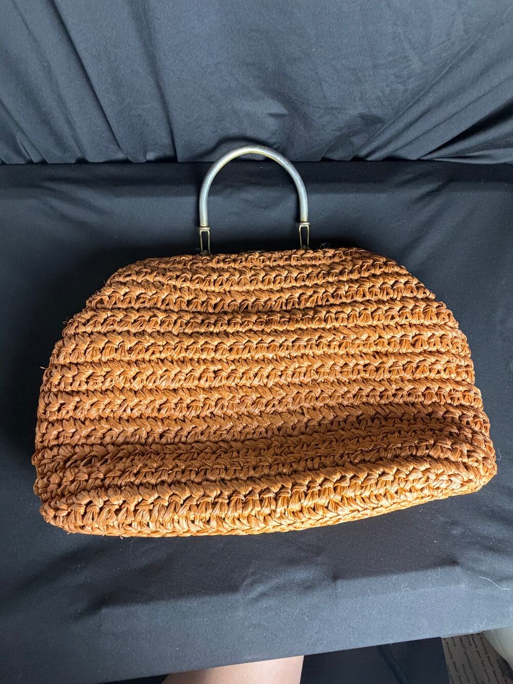 Vintage Bergdorf Goodman Cognac Woven Straw Brass Handle Tote Bag